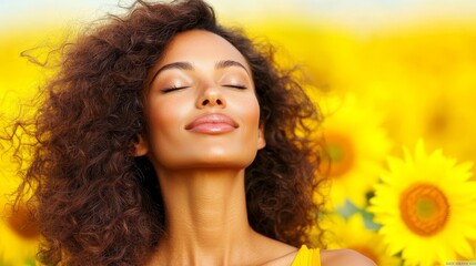 Fototapeta premium A woman with her eyes closed in a field of sunflowers