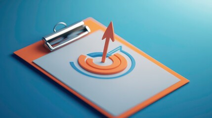 A 3D clipboard icon featuring business goals and project plans, by fast progress and analytical concepts, The icon shows an arrow hitting the center of a target, representing checklist completion