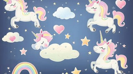 Colorful unicorns with bright pastels on blue