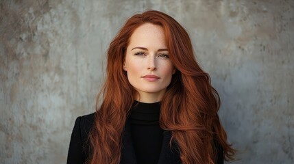 Fototapeta premium A woman with long red hair standing in front of a wall