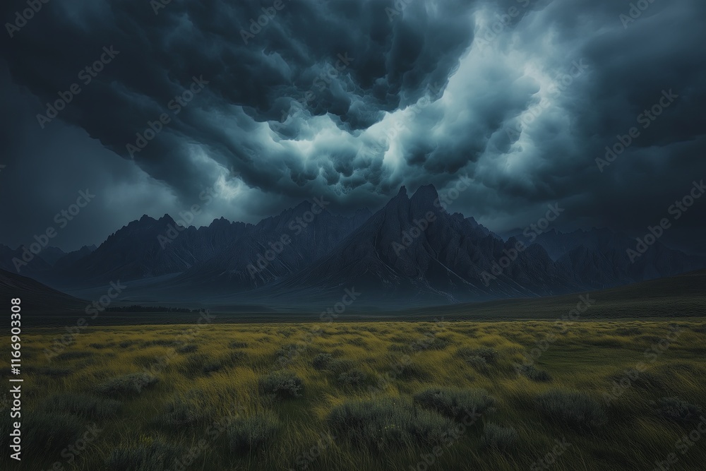 Poster a stormy sky with exaggerated swirling clouds over a jagged, abstract mountain range.