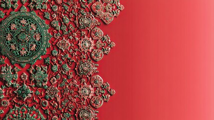 An intricate Arabic banner design with vibrant red hues and ornate patterns, reflecting Middle Eastern cultural aesthetics.