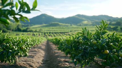 Naklejka premium Lush citrus orchard rows on hillside, sunlit leaves, mountain backdrop; agriculture, food production.