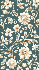 Elegant floral pattern, beige flowers on teal background, perfect for textile design or wallpaper.