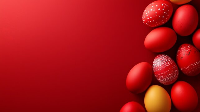 A bunch of red and yellow easter eggs on a red background