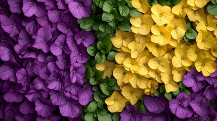 A bunch of purple and yellow flowers with green leaves