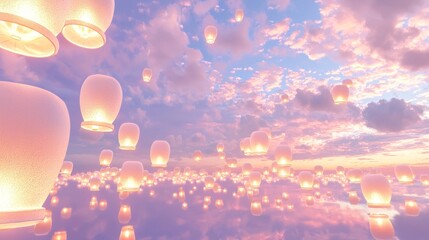 Illuminated Buddhist Lanterns Floating in Majestic Sky - 3D Render Digital Artwork Symbolizing Peace and Enlightenment