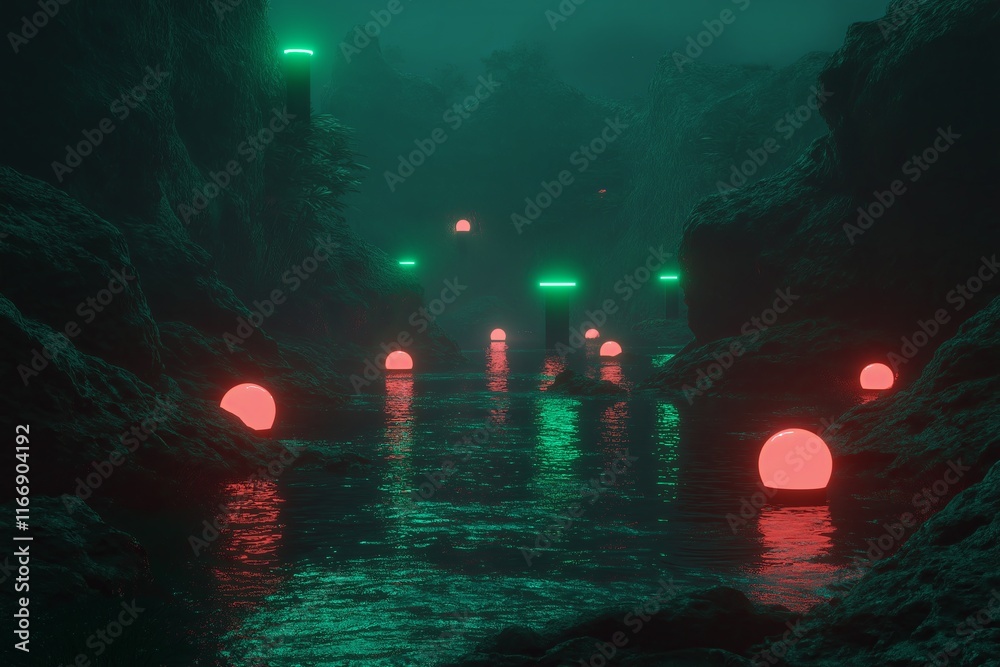 Poster a surreal dreamscape with glowing floating orbs and distorted, abstract landscapes