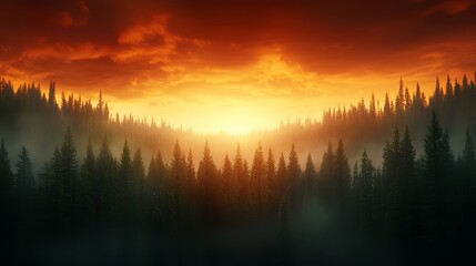 A forest with a sunset in the background