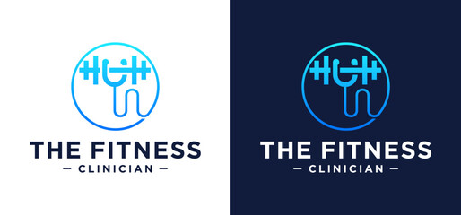 Illustration of a strong health vector logo template. This design uses a stethoscope and a barbell. suitable for health.