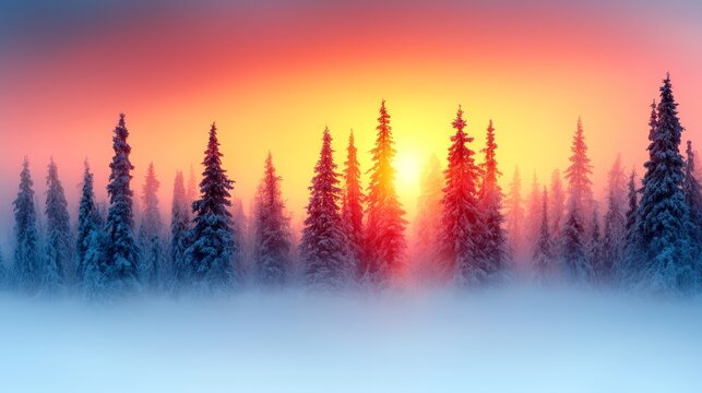A group of trees covered in snow in front of a sunset