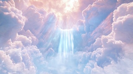 Transcendental Cascade of Enlightenment - A Majestic Buddhist Heaven Waterfall in the Sky Illuminated with Dharma's Light | 3D Render Digital Artwork
