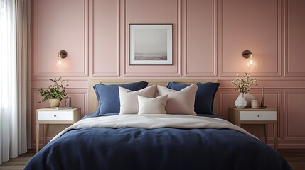 blush pink accent wall with navy blue bedding, white wooden bed frame, modern bedside tables with delicate lamps