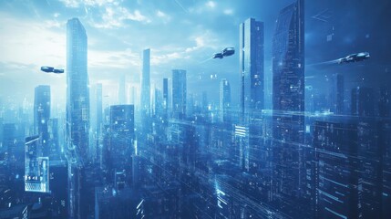 Obraz premium Futuristic cityscape with flying vehicles and digital elements.