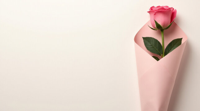 A close-up of a single pink rose wrapped in pastel pink paper, placed on a cream background. Concept of elegance and romance. Copy space