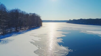 Winter Lake Scene Snow Covered Ice and Trees