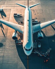 Aerial view of an airplane being serviced at an airport.