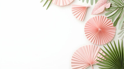 Obraz premium Pink paper fans and tropical leaves on white background; summer party invitation design.