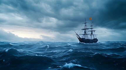 Fototapeta premium Historic sailing ship braving stormy ocean waves; dramatic cloudscape background; ideal for adventure, travel, or history projects.