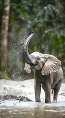 Obraz premium Young elephant playing in muddy water, tropical rainforest background, wildlife behavior, nature conservation.