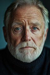 Fototapeta premium Close-up portrait of an elderly man with short gray hair and a beard, a serious expression, gazing directly into the camera
