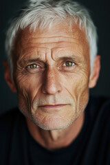 Obraz premium Portrait of an older man with short grey hair and green eyes.