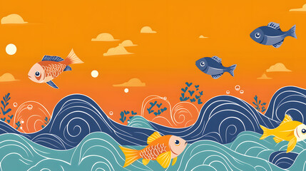 Colorful fish swimming in vibrant ocean waves.