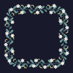 Fototapeta premium Square Wreath Or Frame With Yellow White Flowers And Green Leaves