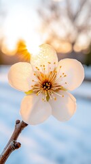 A white flower on a tree branch in the snow
