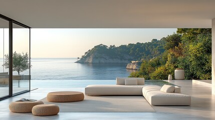 Obraz premium Modern minimalist living room with infinity pool and ocean view.