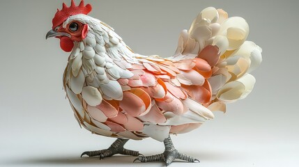 Steampunk Egg Shell Chicken Statue. Weird walking chicken statue made from egg shells in a steampunk style, featuring original egg colors, isolated on a plain white background. AI generated image.