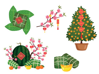 Set of stickers for celebrating Lunar Chinese New Year. Tết-Vietnamese New Year, Vietnamese Lunar New Year or Tet Holiday.