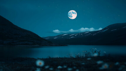 Full moon over serene mountain lake at night; wildflowers in foreground.  Perfect for travel brochures or calming backgrounds.