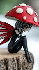 A figurine of a fairy sitting on top of a tree stump