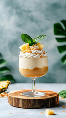 Creamy pineapple dessert in glass, garnished with mint and coconut, on wooden board. Tropical background, perfect for summer menu.