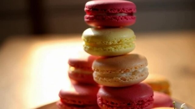 Delicate tower pastel macarons porcelain plate blooming flowers light or Macaron tower surrounded flowers delicate light design