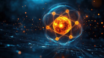 Glowing atom model with energy particles on a dark background.
