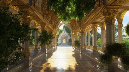 Obraz premium Tranquil Sanctuary: 3D Render of Majestic Buddhist Heaven with Nirvana Journey Architecture | Digital Artwork for Relaxation and Serenity