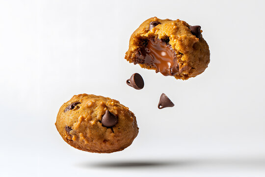 Delicious cookies with melted chocolate chips, crumbling and floating in air, showcasing gooey center. Perfect for dessert lovers and treat for any occasion