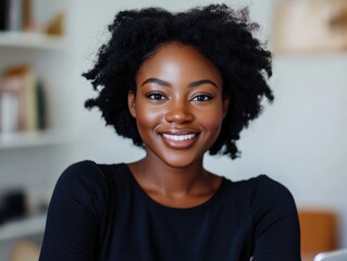 Fototapeta premium Smiling Woman with Afro Hair, Office Environment