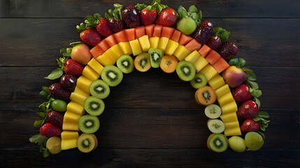 Colorful fruit rainbow on a wooden table