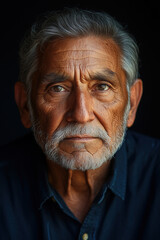 Obraz premium A portrait of an elderly Hispanic man with gray hair and a beard, wearing a dark blue shirt, looking directly at the camera.
