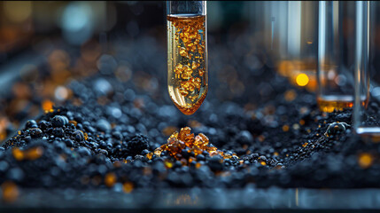 Close-up of soil sample being tested for heavy metals in lab. Surrounded by beakers with colorful liquids, indicating different analysis stages