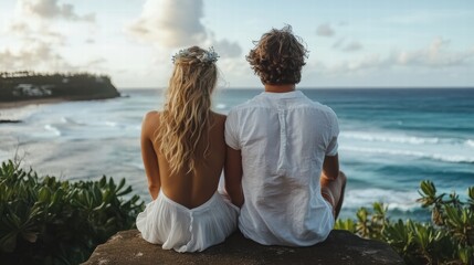 Fototapeta premium Romantic Valentine Couple Sitting on a Wall by the Ocean Lifestyle Photography Serene Beach View Young Love