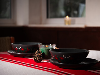 Dinner table for two set with crockery