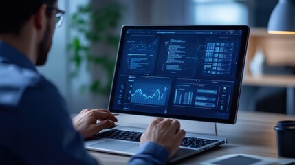 Professional Data Analyst Working on Computer with Advanced Analytics Software and Graphical User Interface