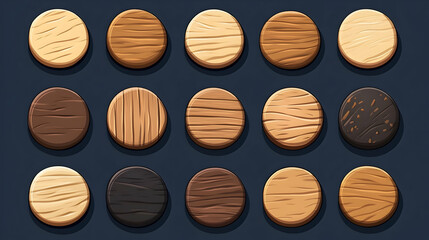 Wooden texture circles, game UI design elements, dark background, various shades and grain patterns, for app development.