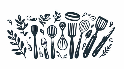 Cooking utensils and herbs illustration, kitchenware design, culinary background, recipe website header, food blog graphic.
