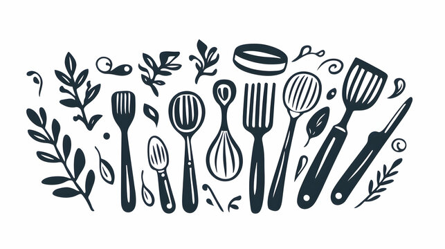 Cooking utensils and herbs illustration, kitchenware design, culinary background, recipe website header, food blog graphic.