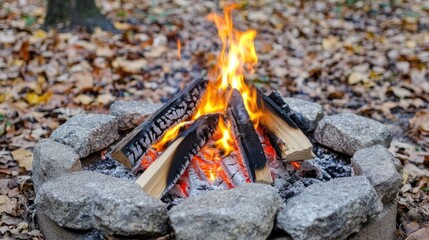 Cozy Campfire Surrounded by Autumn Leaves in Natural Setting